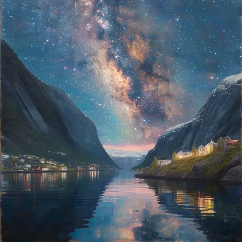 The Milky Way blazes above a calm fjord flanked by steep mountains and a small village.