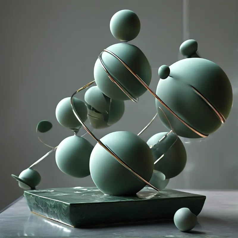 Matte sage green spheres orbit thin copper rings atop a dark marble base in soft studio light.