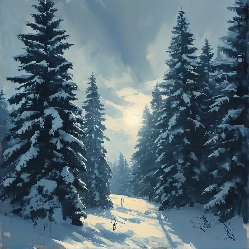 A snowy path winds between tall snow-covered evergreen trees beneath a hazy sky lit by a pale sun.