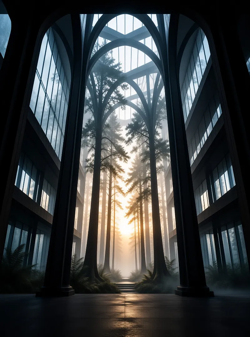 Tall coniferous trees stand within a massive architectural structure with arched windows and sunlight streaming through mist.