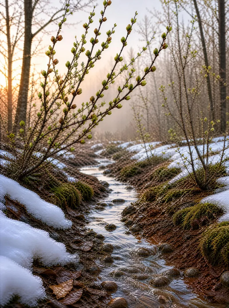Spring Stream with Snow