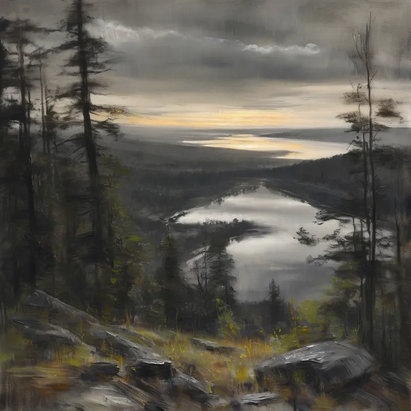 A winding river flows through a dense pine forest under a cloudy sky with golden light on the horizon.