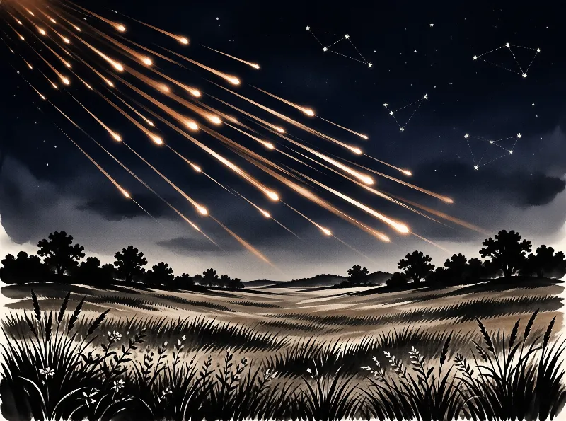 A dramatic meteor shower streaks across a dark night sky above a silhouetted field of grass and trees.