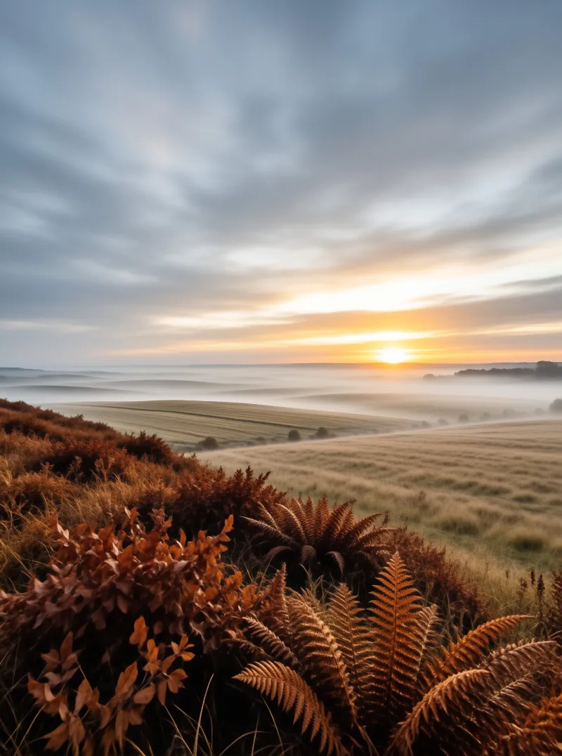 Dried ferns frame misty rolling hills illuminated by a bright sun rising over the distant horizon.