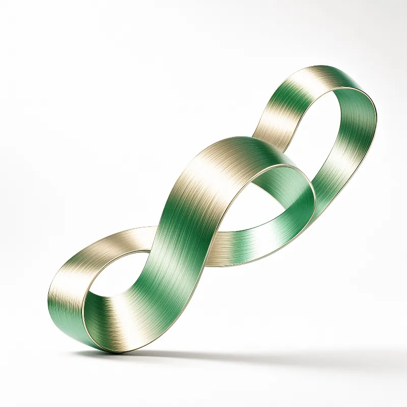 A green brushed metal infinity symbol resting on a clean white surface with soft lighting