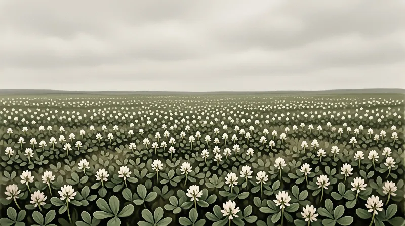 A vast field of white clover blossoms stretches toward a flat horizon beneath a pale overcast sky.