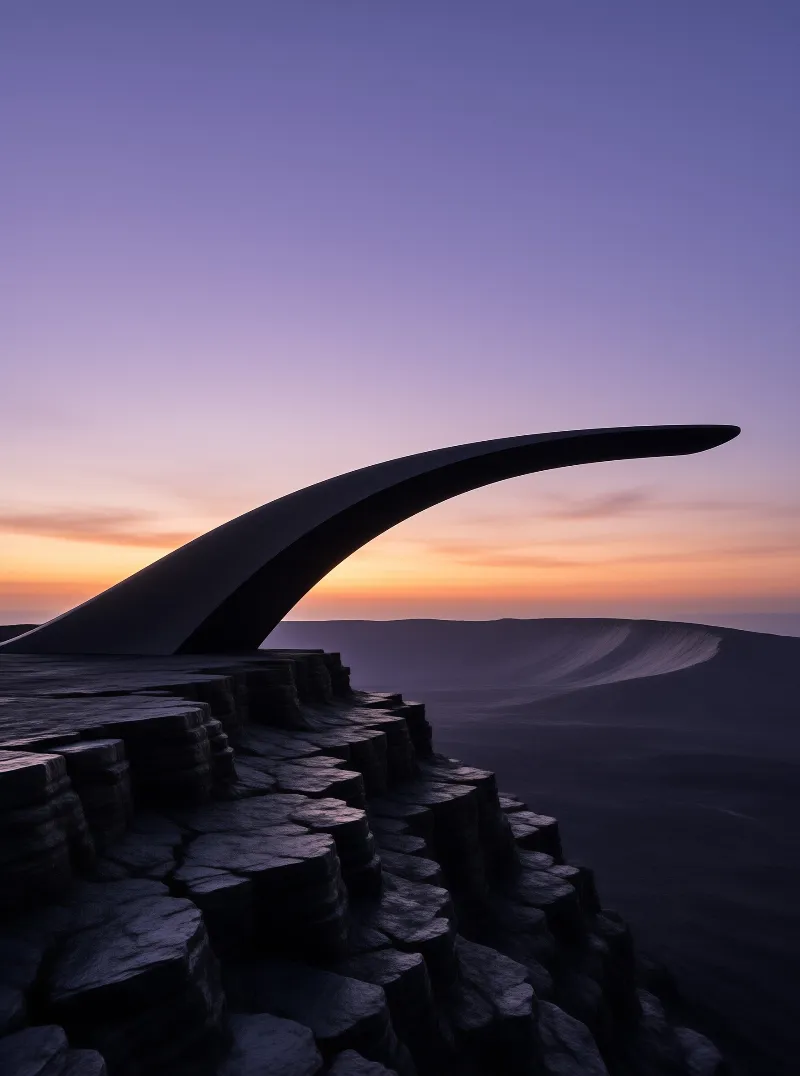 A sleek black canopy curves over rugged hexagonal basalt steps against a sky fading from orange to deep violet.