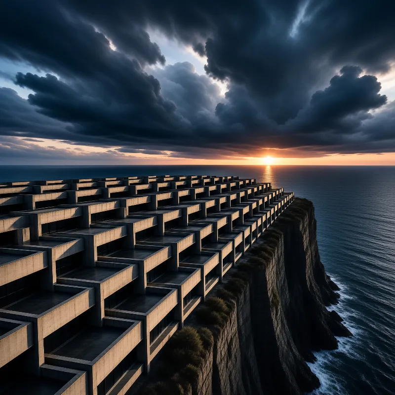Concrete balconies repeat along a cliff edge as sun sets over dark ocean clouds.