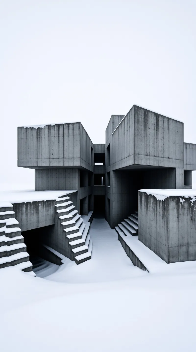 A stark geometric raw concrete building complex sits in thick undisturbed snow under pale overcast grey light.