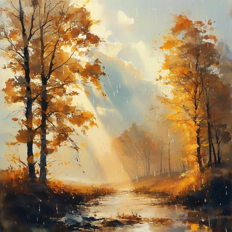 Golden birch trees line a misty path under rainy skies with sunbeams piercing through clouds in a painterly autumn landscape.