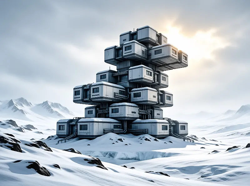 A tall stack of white modular cabins sits on a snowy mountain ridge under bright sunlight with distant peaks