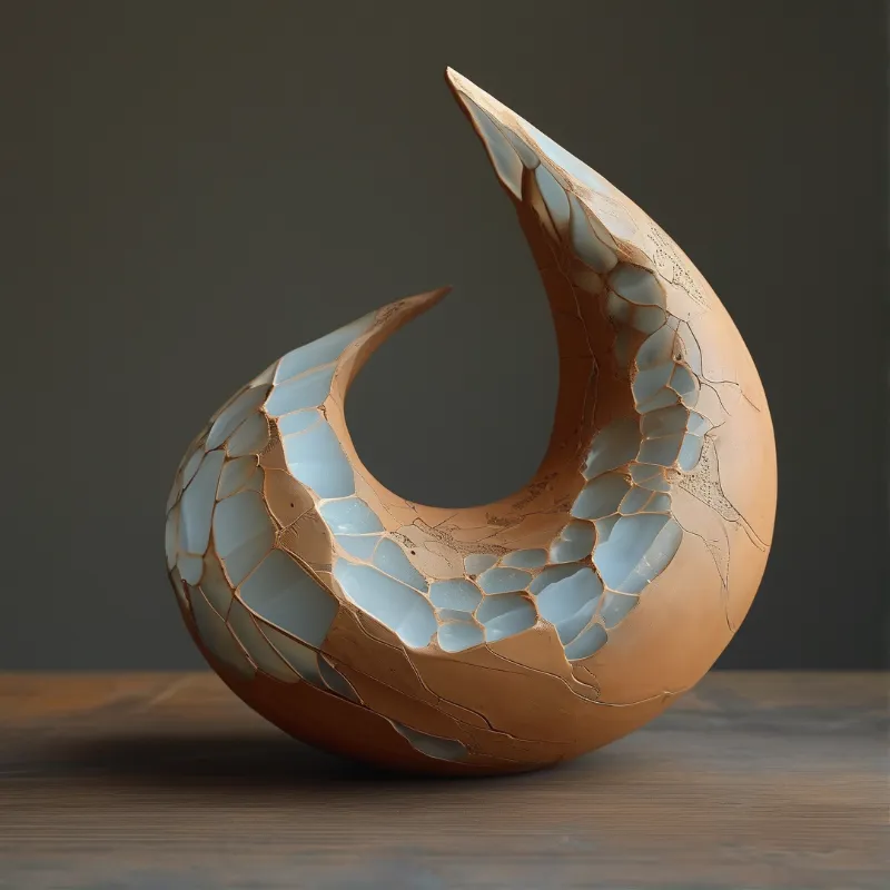 A hollow crescent ceramic piece with terracotta exterior and pale blue interior rests on wood under soft light.