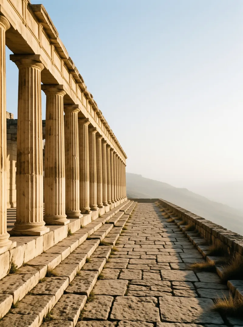 A row of weathered stone columns casts long shadows across a paved terrace overlooking a foggy mountain range in soft light.