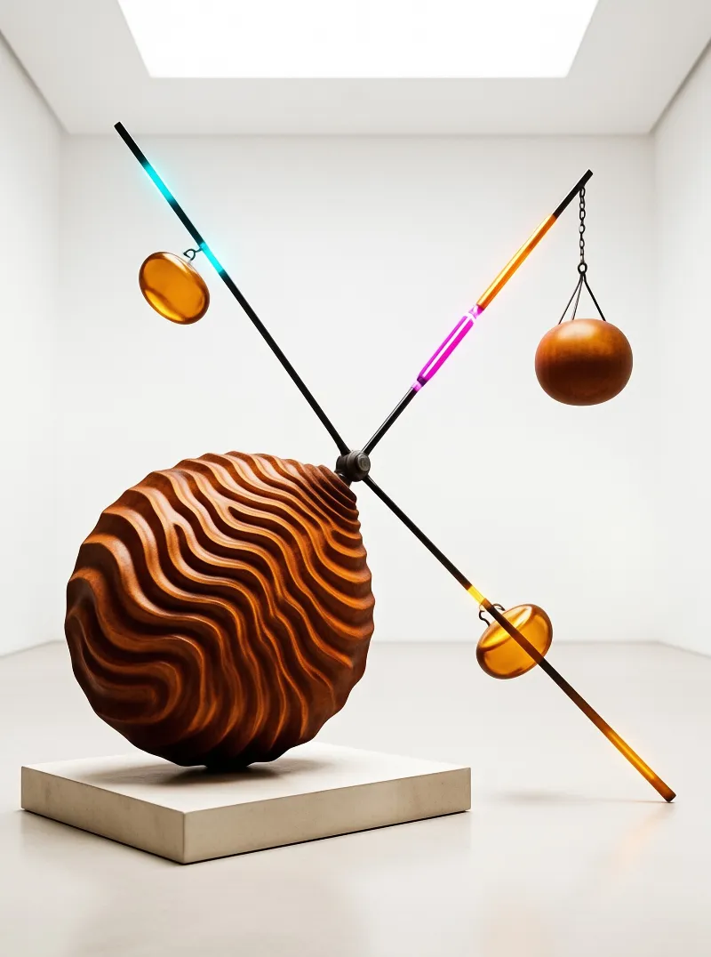 A large wavy wooden sphere rests on a plinth while crossed rods suspend hanging objects in a bright gallery.