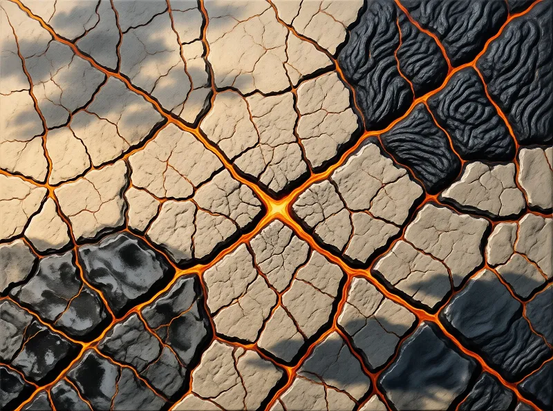 Cracked earth plates separated by glowing orange magma lines radiating from a central light source.