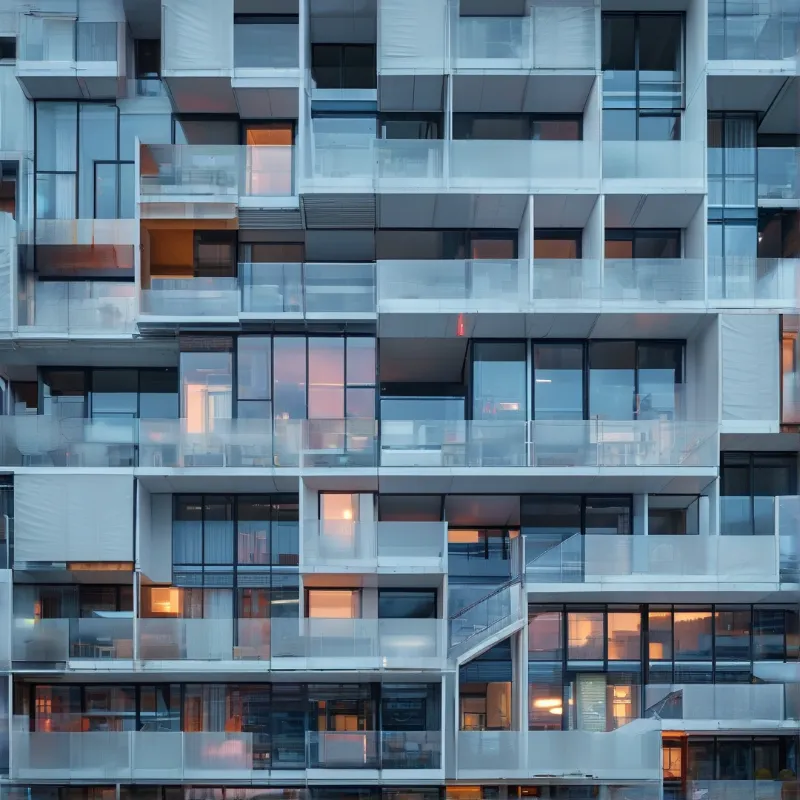 A modern residential tower displays a grid of balconies and windows glowing warm against a cool blue exterior.