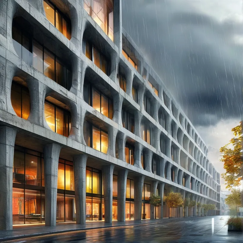 A concrete building has a grid of columns and windows emitting warm light while dark rain falls heavily.