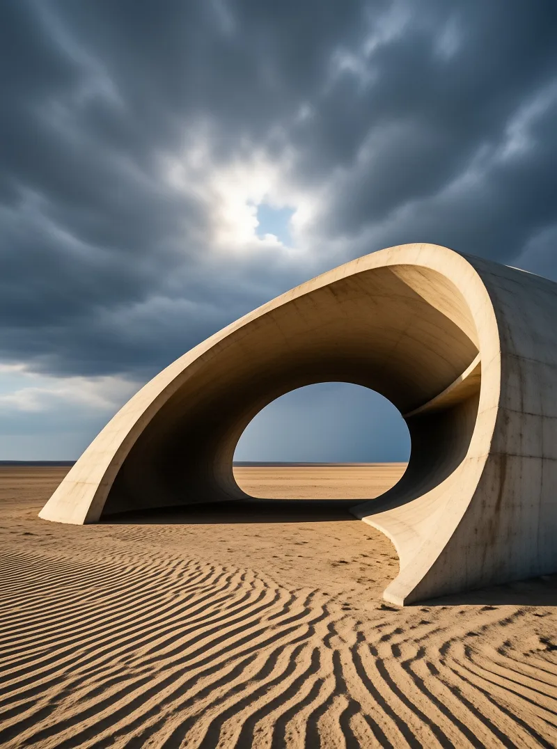 A massive curved concrete archway rises from the sandy desert beneath a dramatic cloudy sky.