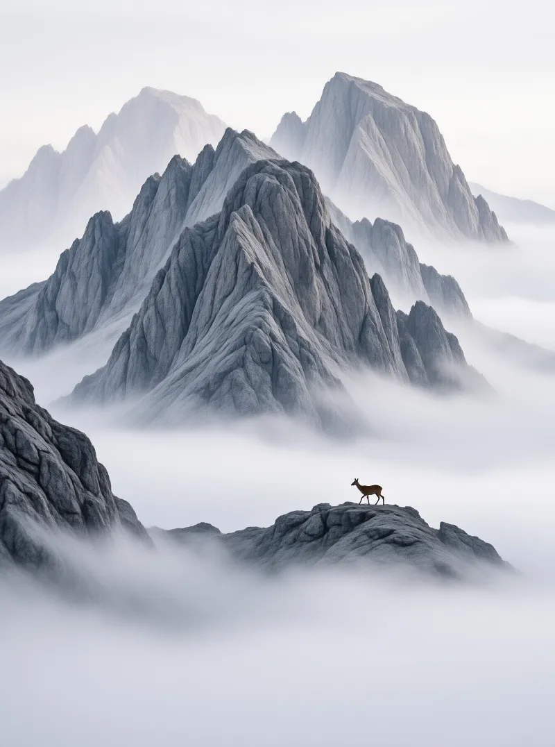 A solitary deer stands on a rocky ledge surrounded by thick fog and jagged grey mountain ranges in the background.