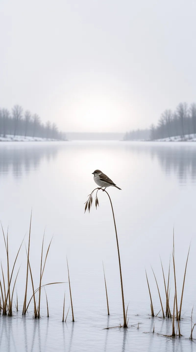 A tiny brown bird sits atop a curved reed sticking out of a misty frozen lake surrounded by snowy trees.