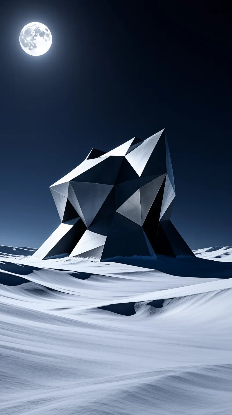 A sharp faceted dark structure emerges from rolling snow dunes beneath a bright full moon in a deep blue night sky.
