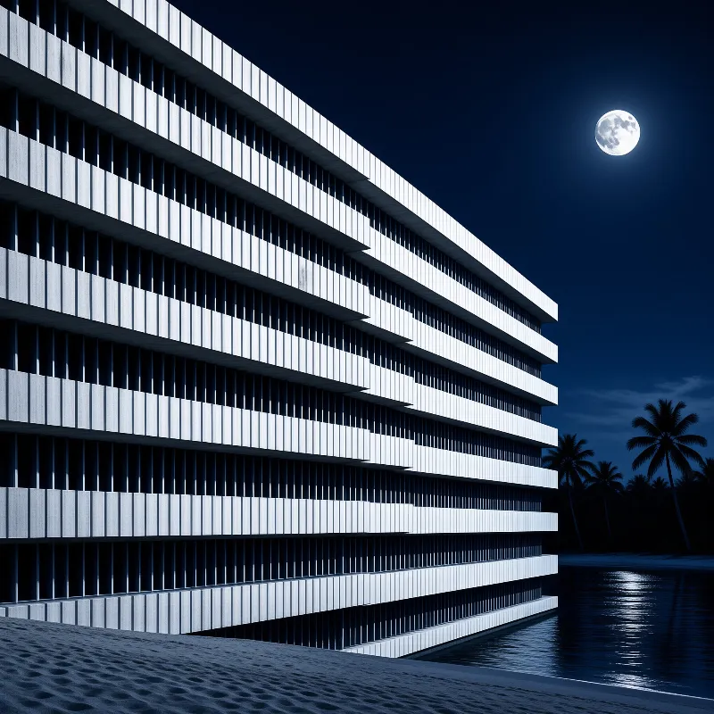 A modern white building with horizontal lines stands on a sandy beach at night with a full moon in the sky.