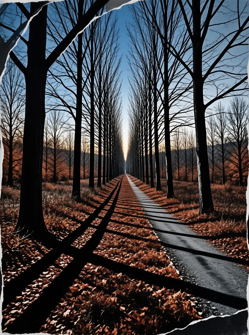 Tall bare trees line a straight road casting long shadows across brown leaves toward a bright horizon.