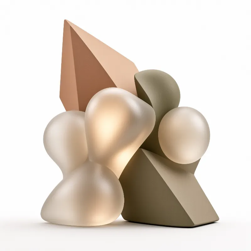 A triangular prism and smooth spherical shapes arranged on a plain white surface with soft lighting.