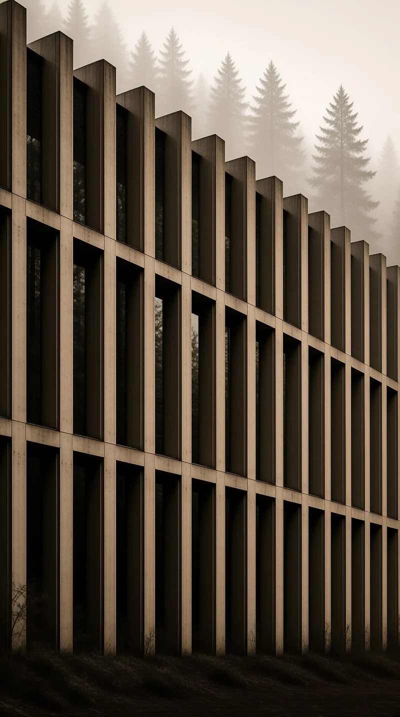 A geometric concrete structure with deep recesses stands before misty evergreen trees in soft light.