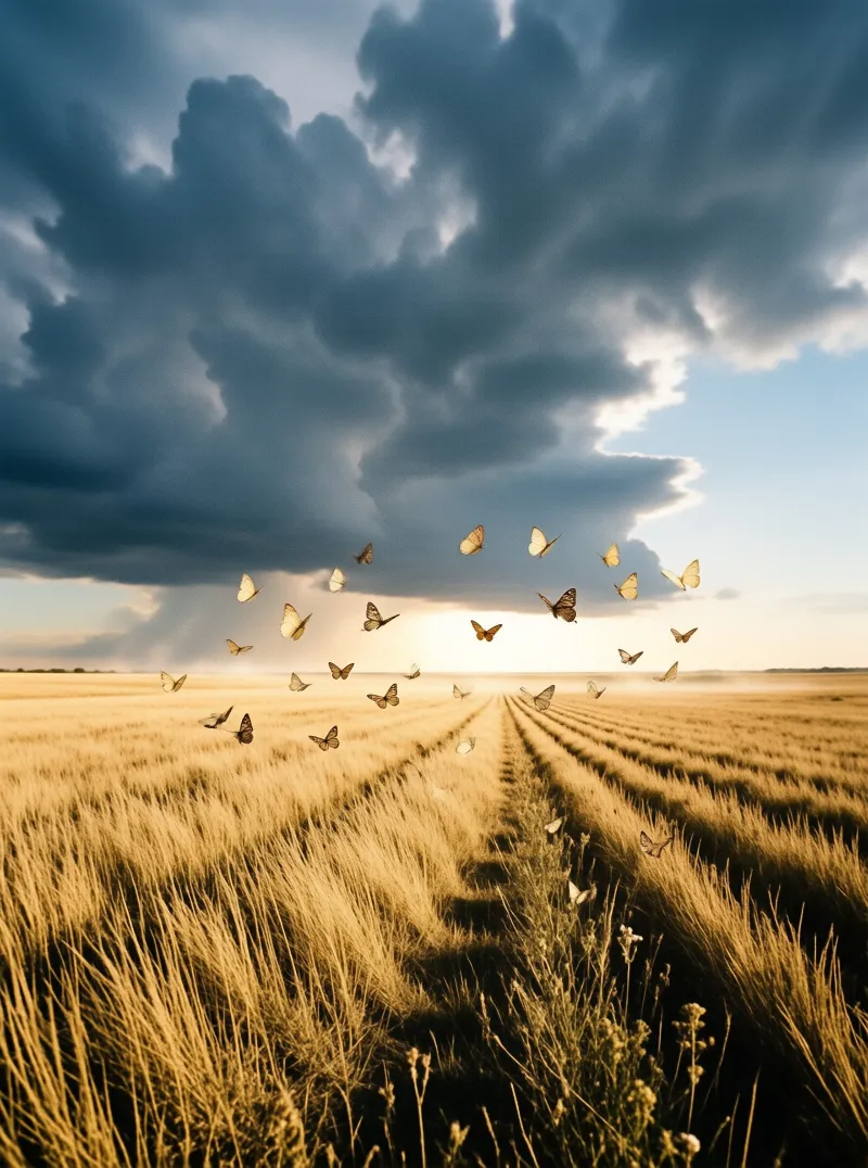 A large group of butterflies flies in a loose circle above a vast field of ripe wheat under a dramatic sky filled with heavy dark clouds and bright sunlight breaking through near the horizon.