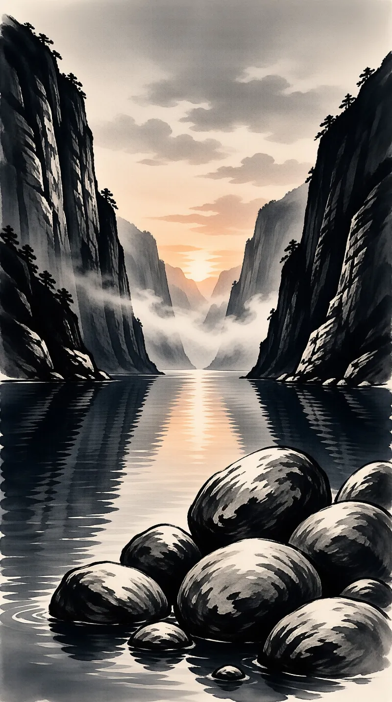 A digital painting shows large rocks in the foreground of a river surrounded by tall cliffs and a glowing sunrise.