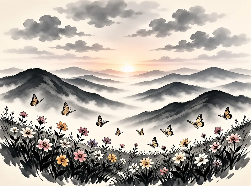 A flock of monarch butterflies flies over a flower meadow while foggy mountains rise under a sunrise sky.