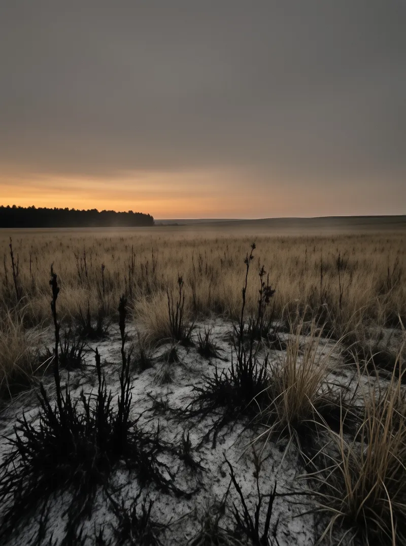 Charred vegetation rises from ash while golden grass stretches toward a distant tree line under an orange sky.