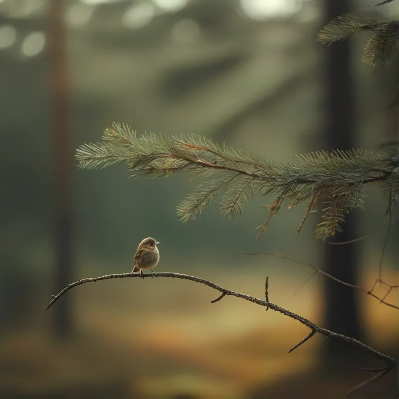 A tiny brown bird sits alone on a thin twig beneath overhanging pine needles in a dim, foggy woodland.