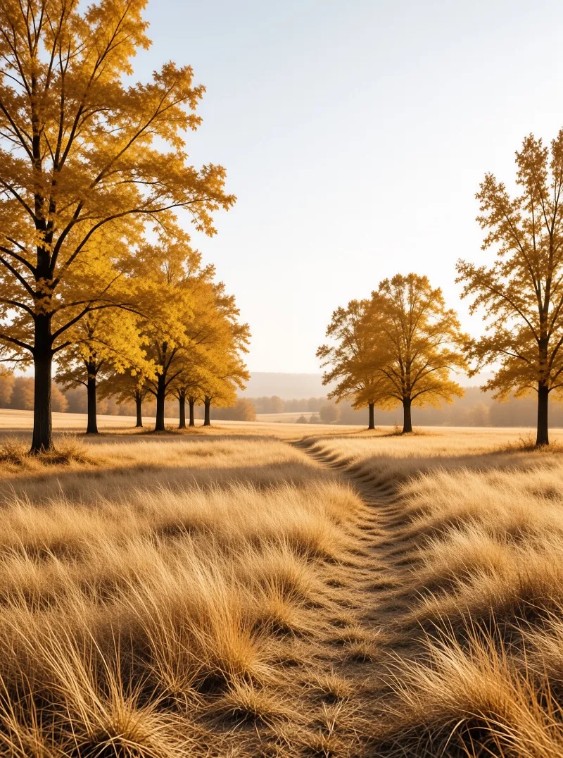 A winding dirt trail cuts through dry grass, flanked by tall trees with bright yellow autumn foliage under a soft, hazy sky.