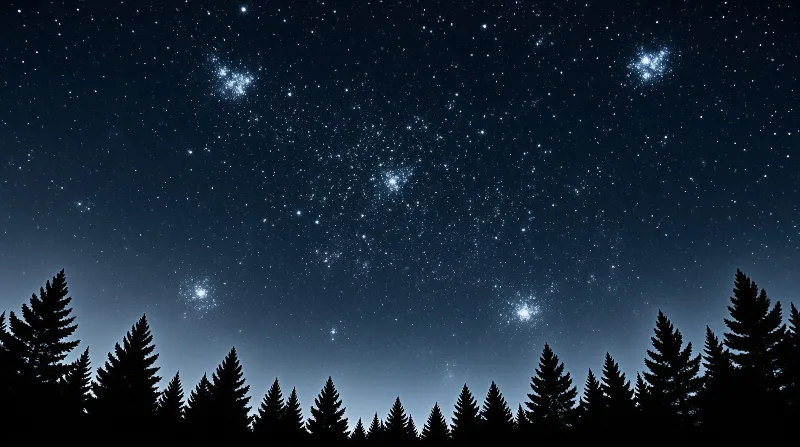 A dark blue night sky filled with bright white stars and clusters rises above a silhouette of pine trees along the horizon.