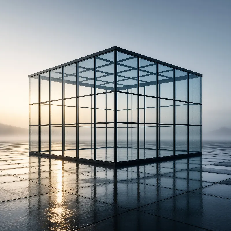 A large cubic glass pavilion stands on a wet reflective surface mirroring the soft golden light of dawn.