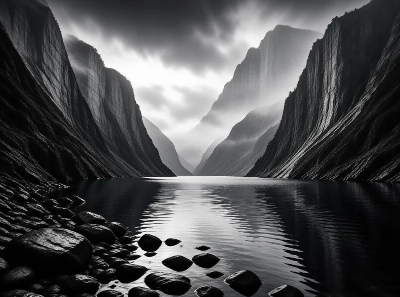 Black and white photograph of a serene lake surrounded by towering cliffs and misty mountain peaks in the distance.