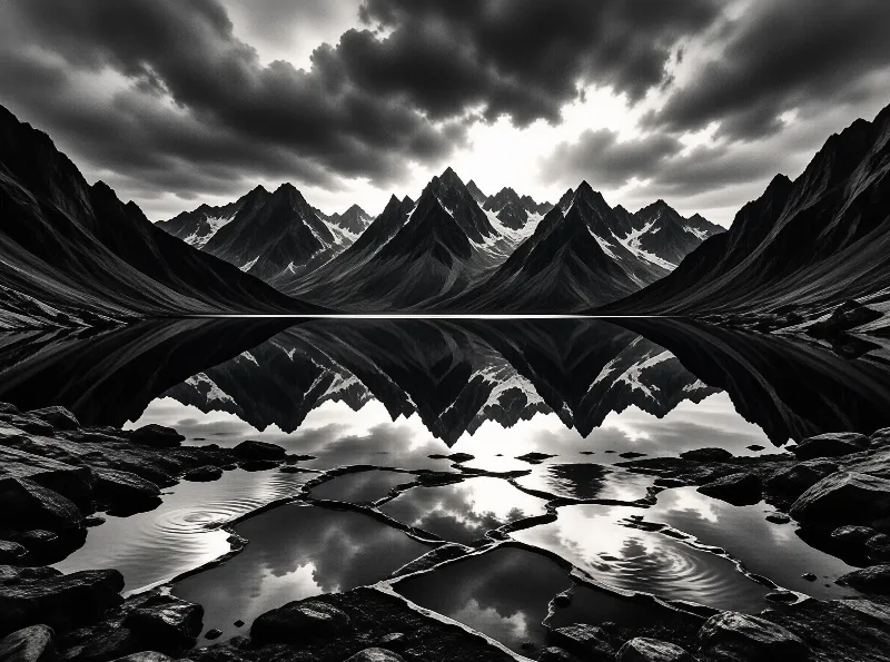 Jagged snow capped peaks and heavy clouds are mirrored perfectly in a calm lake in stark monochrome.