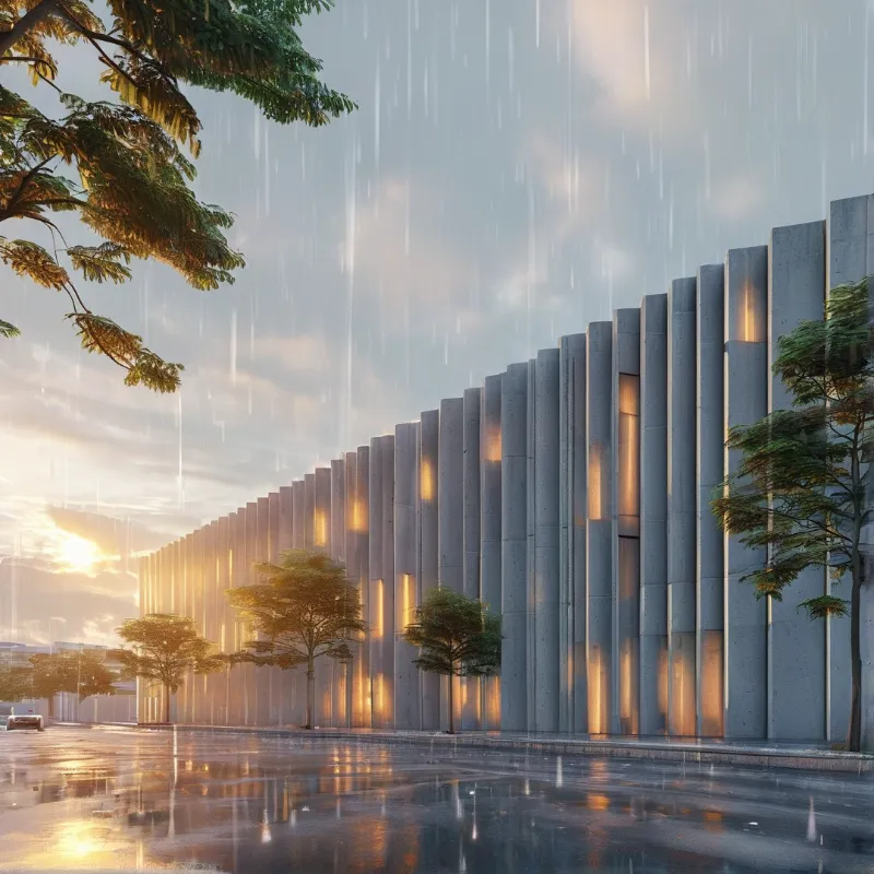 Vertical concrete facade with warm glowing slats stands along a wet rainy street under soft sunset light