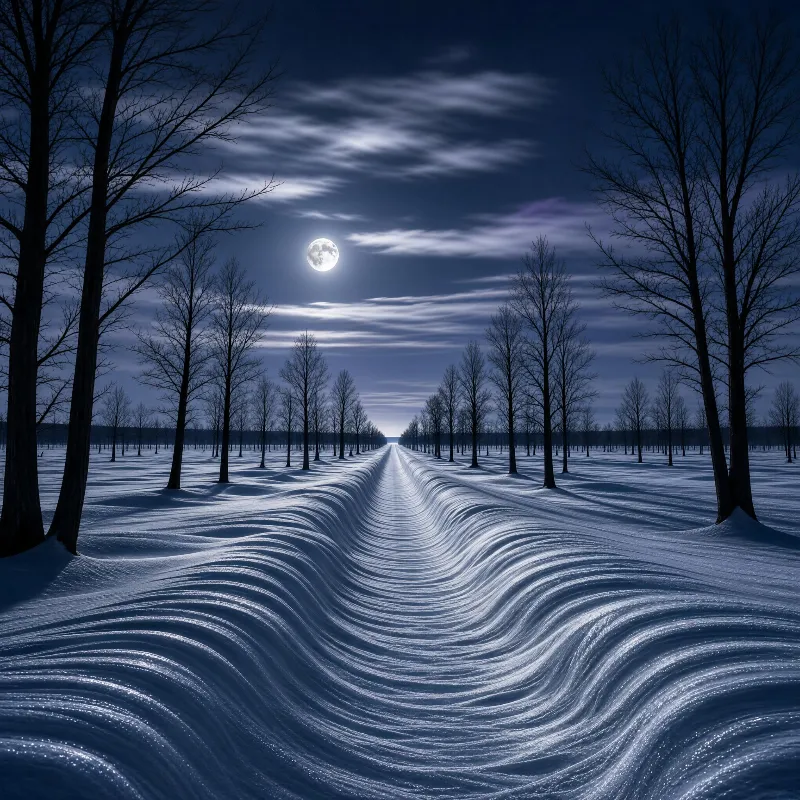 A snow-covered field with wavy patterns stretches into the distance, flanked by trees, under a bright full moon in the night sky.
