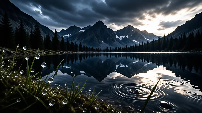 Rain drops ripple across a mirror-still mountain lake while dark spruce forest and storm clouds frame the far shore.