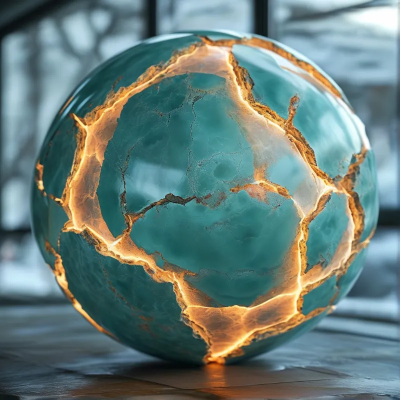A cracked teal sphere rests on a wooden surface with glowing golden edges and a blurred window background