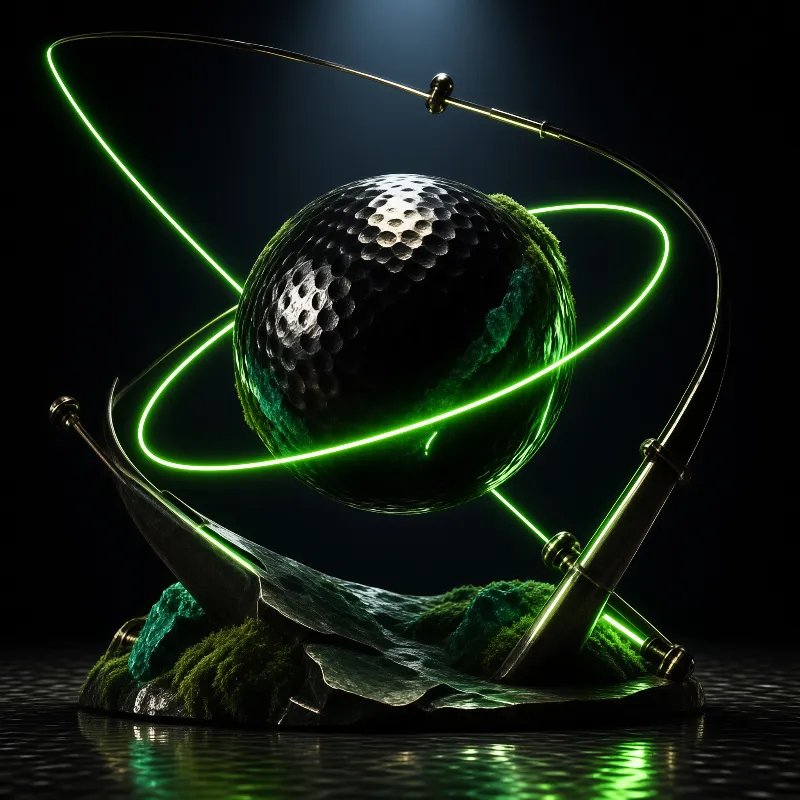 A dimpled golf ball planet sits within a metal armillary sphere featuring bright green neon rings and a mossy rocky base.