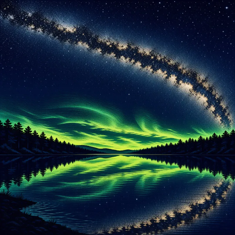 Green northern lights sweep across a dark lake mirrored by pine silhouettes beneath a star filled band of the Milky Way.