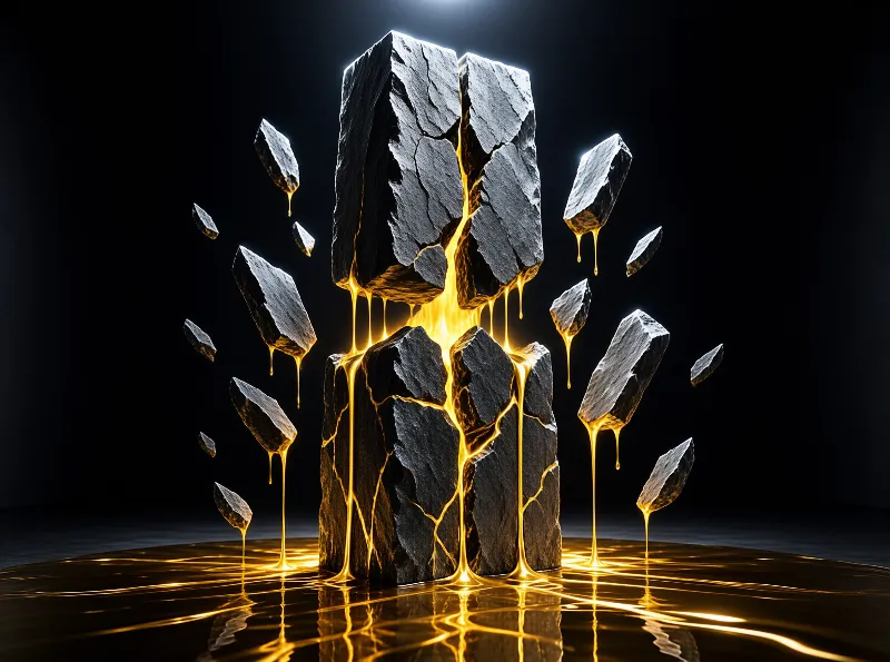 Cracked obsidian stone with floating fragments oozes bright molten gold onto a reflective dark floor under dim top light