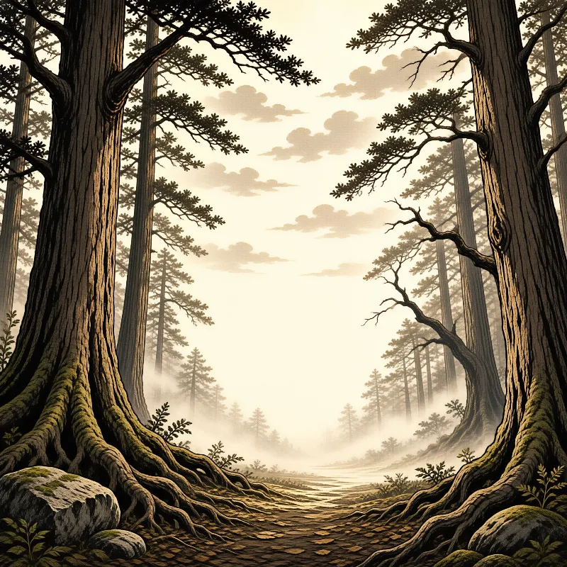 Winding dirt trail passes through towering conifers, with gnarled mossy roots and rocks at the foreground amid soft hazy pale light.