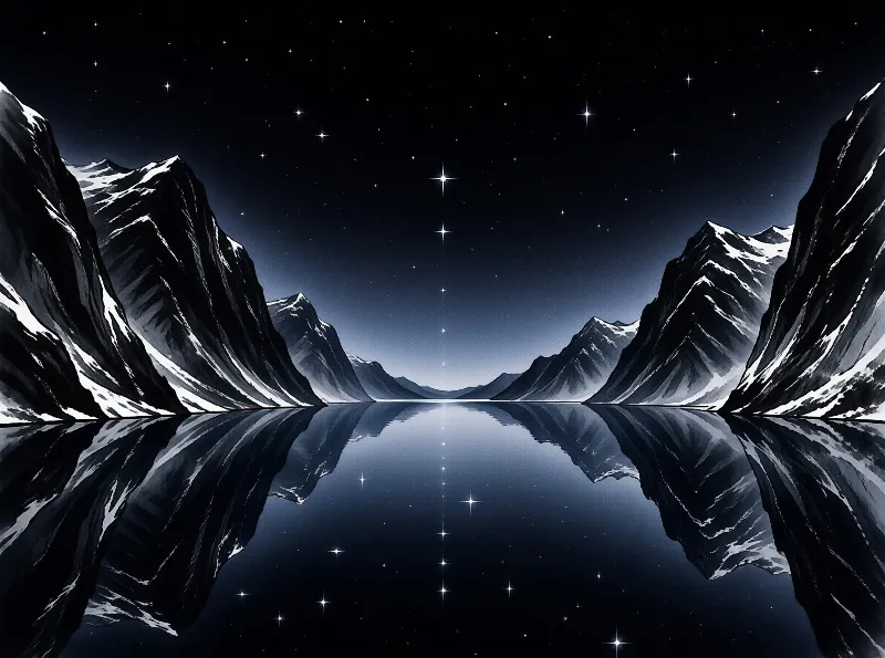 A symmetrical night landscape shows dark mountains with snow patches mirrored in a still lake beneath a star filled sky.
