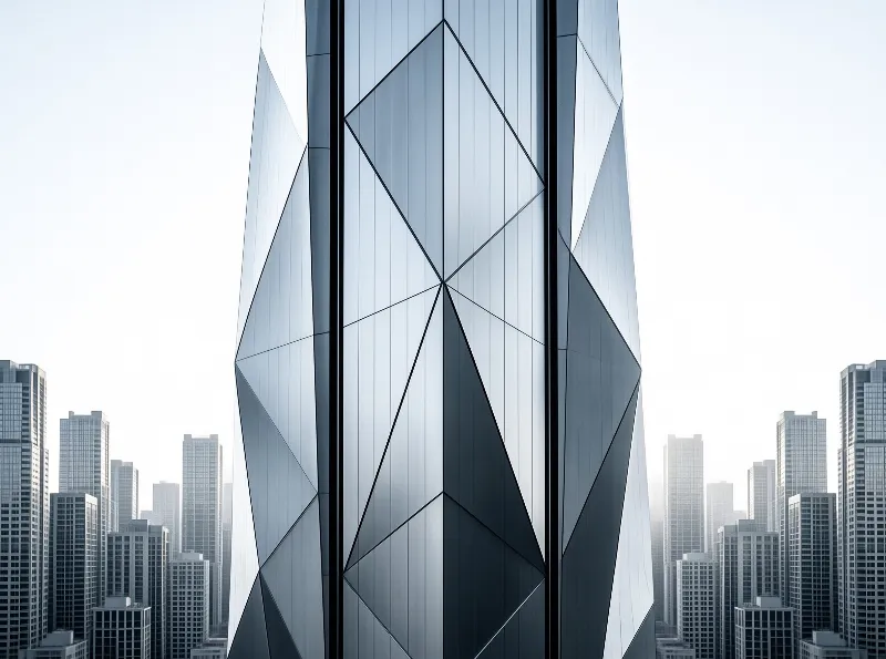 Geometric glass architecture rises above a hazy cluster of distant buildings in soft daylight.