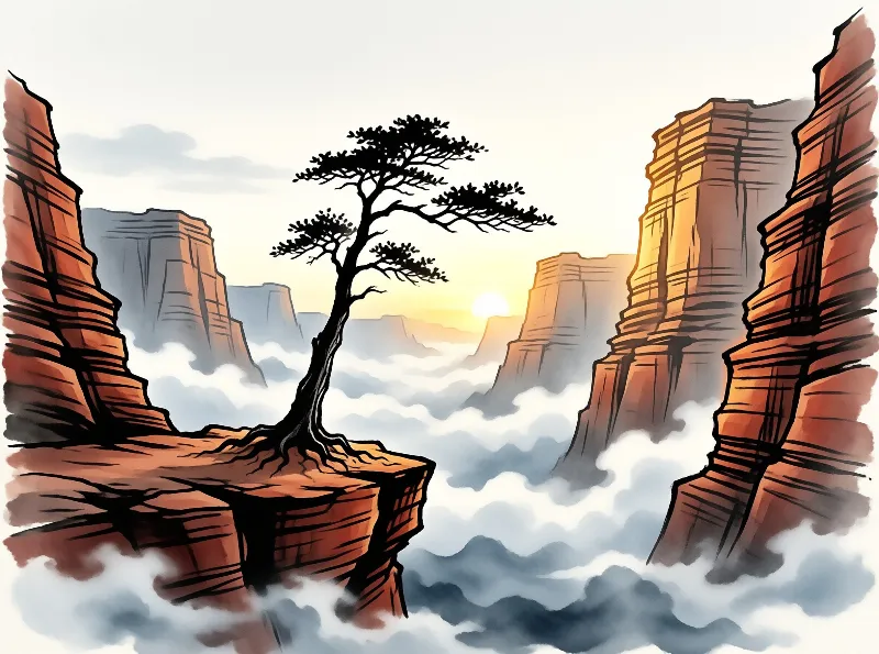 A stylized pine tree silhouetted on a red sandstone cliff above a rolling sea of clouds at sunrise.